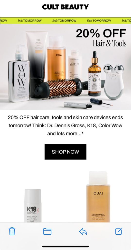 Types of email newsletter examples - promotional - Cult Beauty - Nicky Weelen Copywriting.